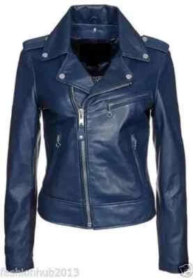 Stylish Handmade Genuine Women's Blue Lambskin Leather Jacket Motorcycle Biker - Image 1 of 4