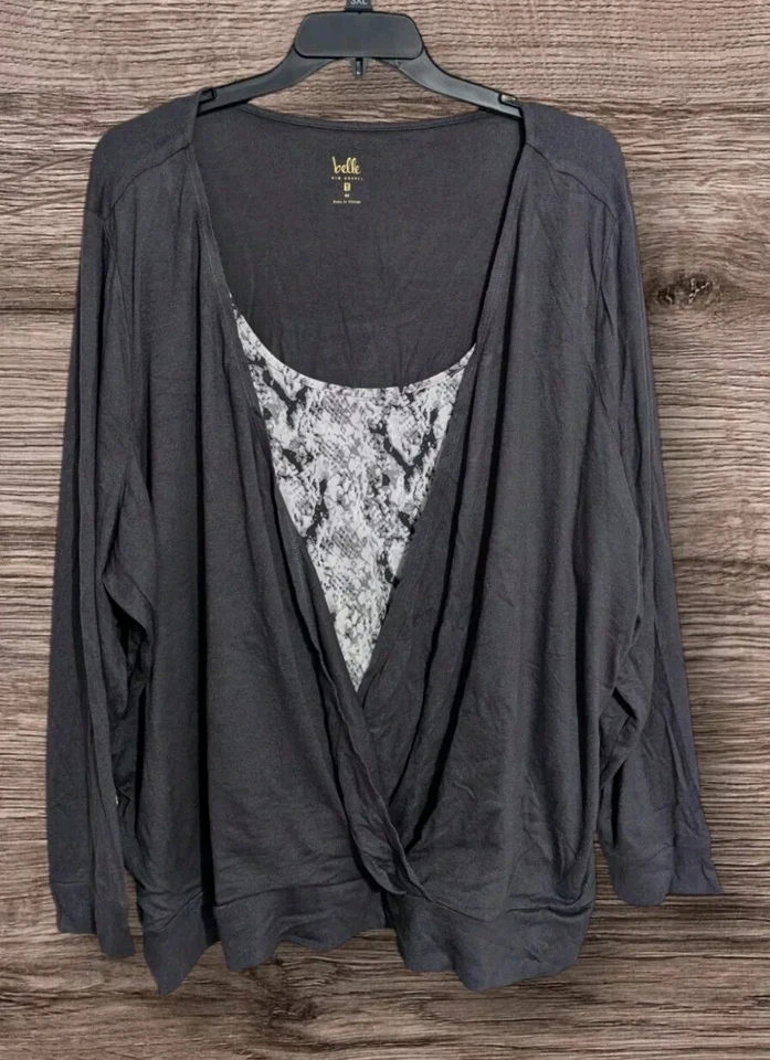 女式 Belle Kim Gravel 长袖衬衫上衣衬衫加大码 4X 灰色 — 第 1/4 张图片