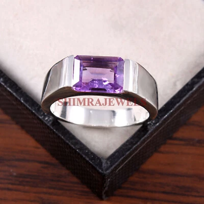 Anello In Argento Sterling 925 Con Gemma Naturale Di Ametista Per Uomo #149 - Immagine 1 di 3