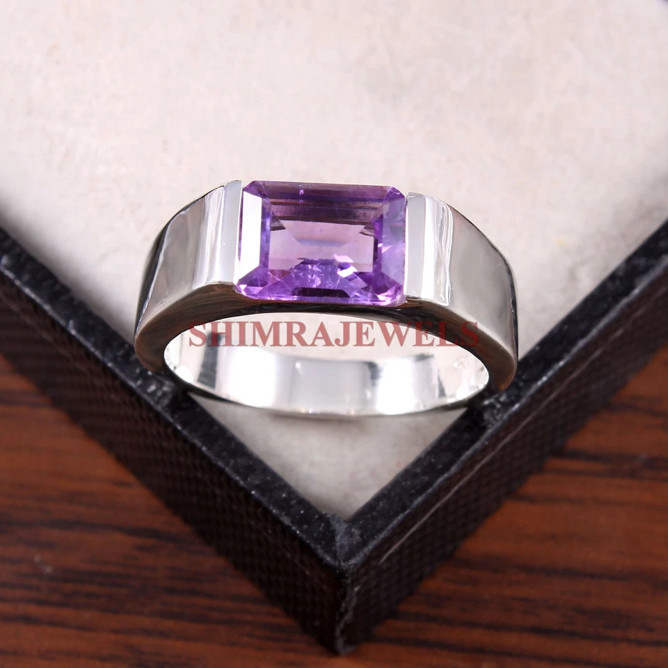 Anello In Argento Sterling 925 Con Gemma Naturale Di Ametista Per Uomo #149 - Immagine 1 di 3