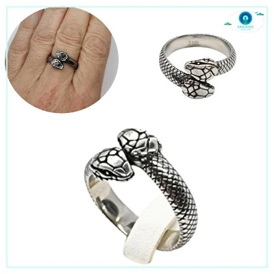 Anello serpente a due teste in acciaio per uomo donna cobra argento gotico  - Immagine 1 di 4