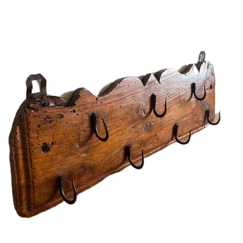 Antique Coat or Hat Rack, Rustic Wood, Iron Hooks Large 27" Primitive Cover