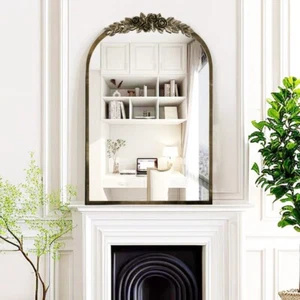Vintage Mirror Arched Wall Mirrors Brass Carved Arched Mirror with Metal Frame - Picture 1 of 22