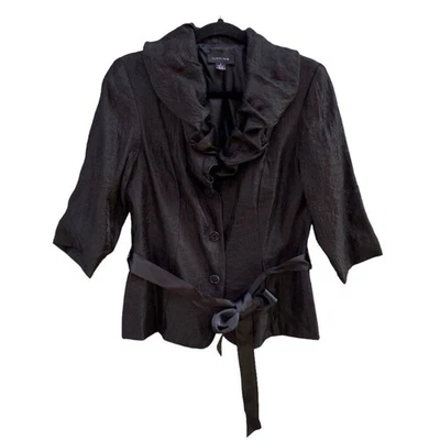 R&M Richards Black Shimmer Ruffled Collar Jeweled Buttons Jacket Blazer Sz 8 - Image 1 of 4