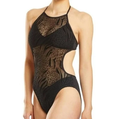 Kenneth Cole XL One-piece Bikini Swimwear Halter Sheer Mesh Leopard Monokini - Image 1 of 4
