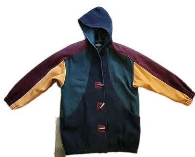 Braetan Vtg Wool Coat Long Hooded Toggle Butn Colorblock Green Blue L 14 80s Y2K - Image 1 of 4