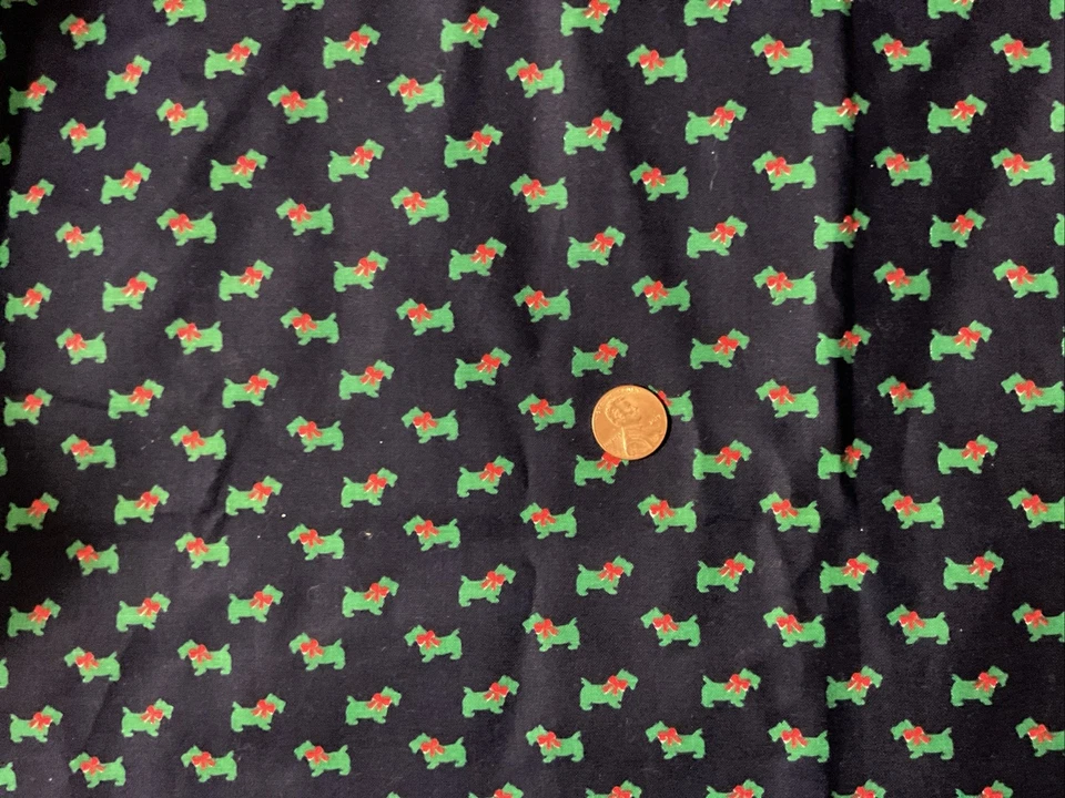 Tela de edredón de algodón vintage de 3 yardas Navidad verde Scottie Dogs arco de cuello rojo Foto 1 de 1