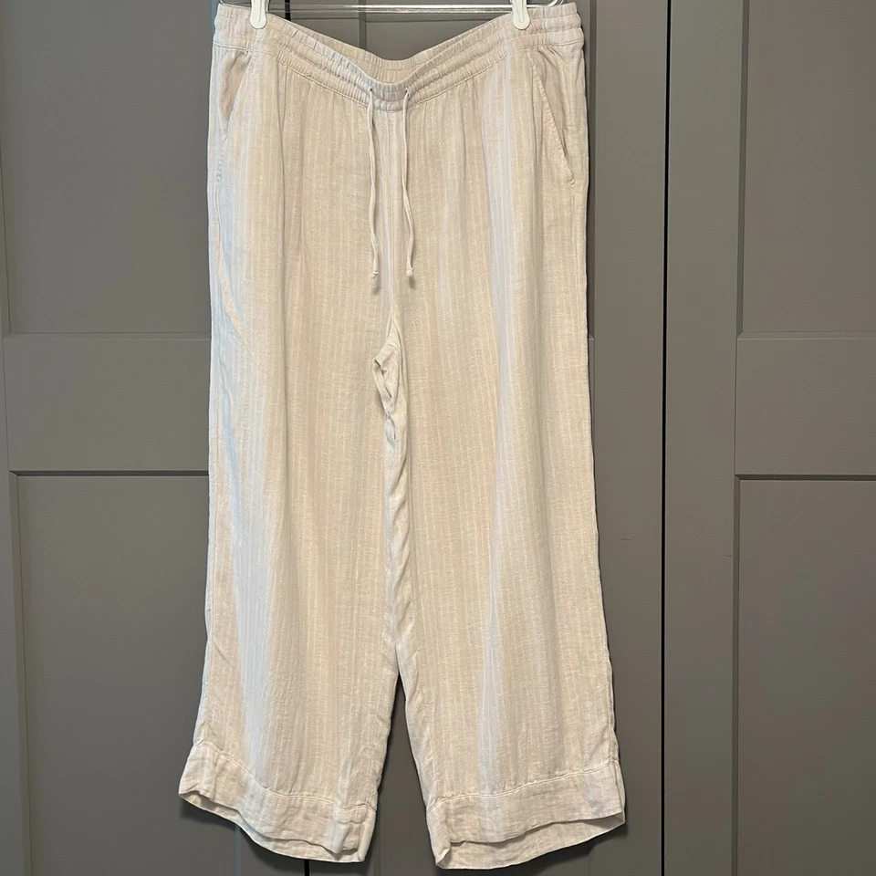 Time & Tru XXXL/22W Linen Blend Pants Striped Baggy Wide Leg Neutral Beige Ivory - Image 1 of 4