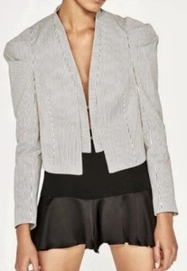 NEW ZARA BASIC Cropped Jacket Pinstripe Puff Sleeves Bolero Blazer Jacket XS - Picture 1 of 9