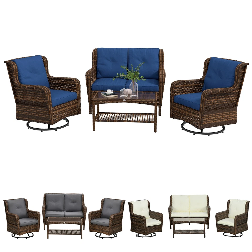 Outsunny 4 Piece Patio Wicker Furniture Set w/ 360° Swivel Glider Chairs - Image 1 of 1