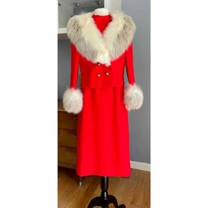 VINTAGE 60's Red Wool Dress & Jacket Suit Huge Fox Fur Trim Size M/L - Picture 1 of 13