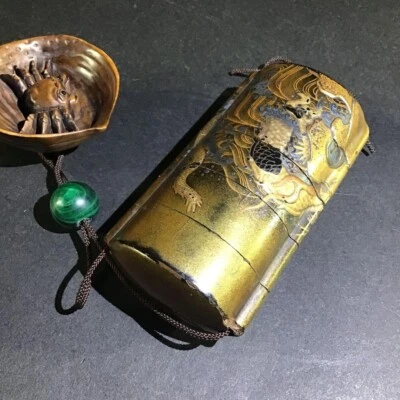 Edo Era Inro Japanese Dragon Gold Makie Lacquer Inrou and Cinnabar With Netsuke - Image 1 of 4