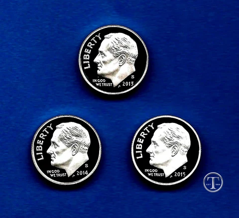 2013 S 2014 S AND 2015 S Silver Proof Roosevelt Dimes-Three Coins Cover