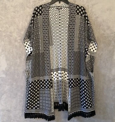 Cárdigan envolvente NYDJ Kimono abierto mezcla de lino flecos occidental negro blanco talla S/M Foto 1 de 4
