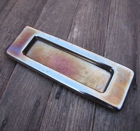 Antique Cast Iron Vitreous Enamel Copper Lustre Letter Box Plate WORKING SPRING Cover