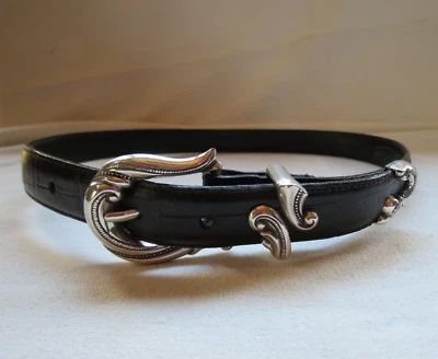 Coldwater Creek Women’s Black Print Belt Silver Hardware 34"  #91017 - Image 1 of 4