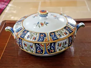 Antiker französischer Fayence Rouen handbemalter Topf / Schüssel und Deckel - Bild 1 von 10