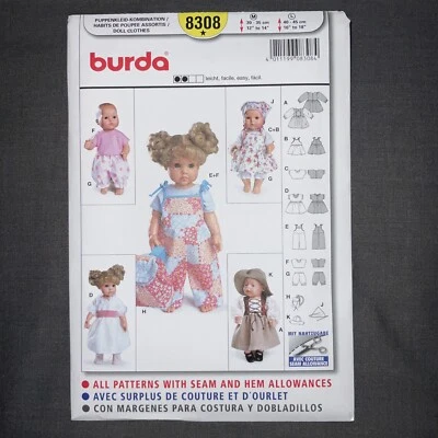 Burda 8308 Baby Doll Clothes Pattern 12-14" 16-18" Dress Hat Overalls Top Pants  - Image 1 of 2