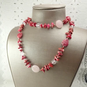 Lucoral Rose Quartz & Red Howlite w Sterling Silver Clasp 36" Necklace 87.6 g - Foto 1 di 8