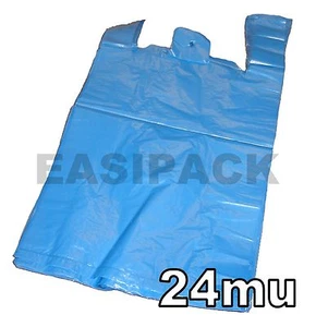 100 x Strong BLUE recycled 11x17x21" vest carrier bags - 24mu - Picture 1 of 1