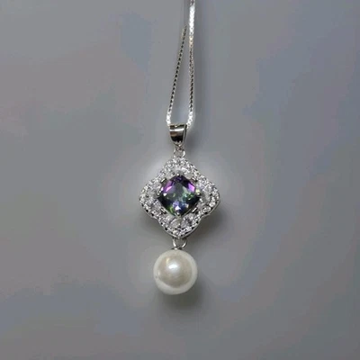 Natural Cushion Mystic Topaz &Pearl 925 Silver Pendant W 18 In Chain 1552 - Image 1 of 4