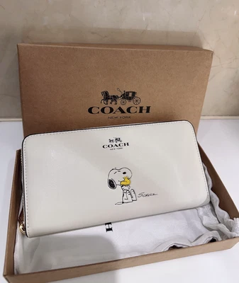 NEW COACH x PEANUTS Long Wallet Snoopy Woodstock Leather Zip Black/White/ RED - Image 1 of 3