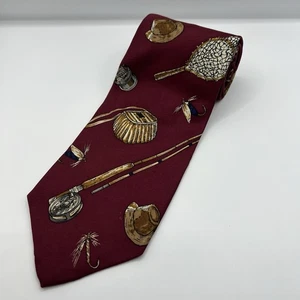 Van Heusen Fly Fishing Necktie Burgundy Silk Standard Size - Picture 1 of 9
