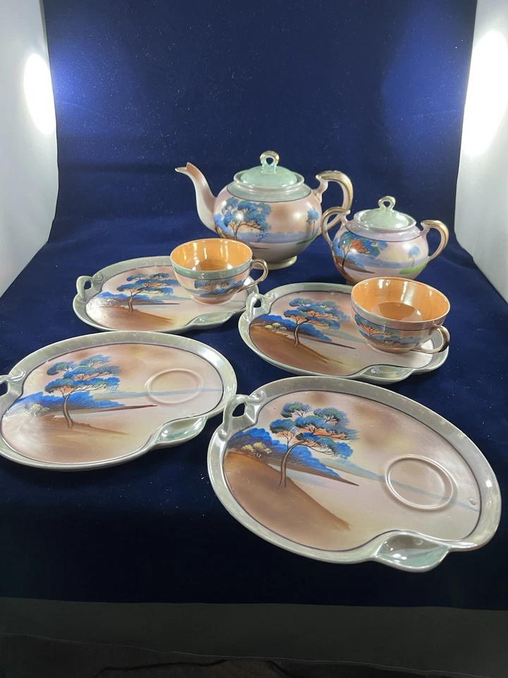 10 piece Vintage Hand Painted Japanese Lusterware Porcelain Tea/Snack Set - Image 1 of 4
