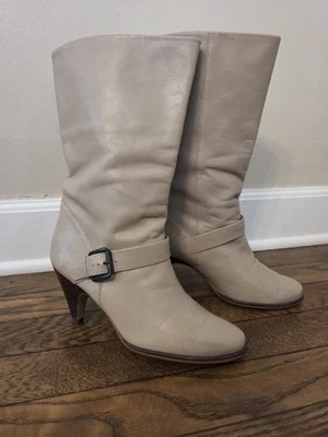 Vtg Nine West Leather Boots Women's 7 Mid Calf Taupe Elevated Classy Pull On - Image 1 of 4