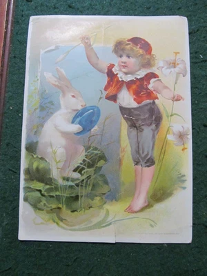 1893 Victorian Trade Card Lion Coffee Easter Greetings Boy & Rabbit  Lily 7x5.25 - Image 1 of 4