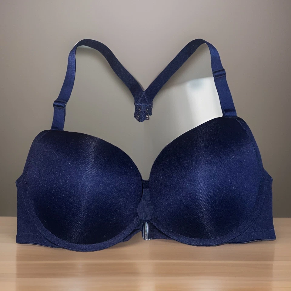 Cacique Front-Close Smooth Boost Plunge Bra 38C Satin Navy Razor Lace Back - Image 1 of 4
