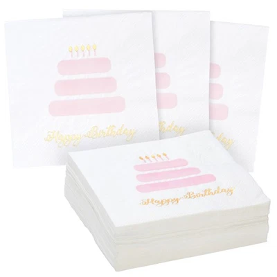 50 Pack Light Pink Happy Birthday Cocktail Napkins with Gold Foil Accents, 5x5" - Image 1 of 4
