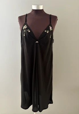 Oscar De La Renta 粉色标签吊带睡衣 XL 黑色刺绣蕾丝连衣裙 — 第 1/4 张图片