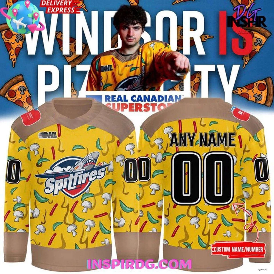 Camiseta de hockey personalizada Windsor Spitfires Pizza City 2025 ropa del equipo de hockey Foto 1 de 4