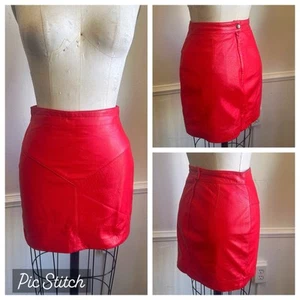 Vintage 80s 90s Bright lipstick red soft lambskin leather mini skirt Xs - Picture 1 of 10