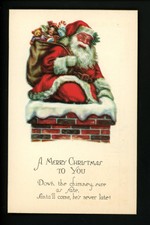 Christmas Santa postcard Red suit w/ toys doll drum chimney U.S.A #1961 Vintage