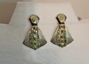 VTG silver plated w/jade center earrings crystals dangle ladies fashion costume - Picture 1 of 6