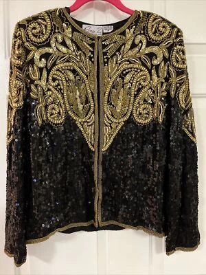 Blazer Vintage Rina Z 100% Pura Seda Talla Mediana Cuentas Manga Larga Chaqueta Bling Foto 1 de 4