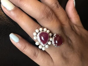18k on 4k Real gold  Bridal Cocktail  Party Ring Red Carpet Ruby Pearl 6.5 Size - Picture 1 of 6
