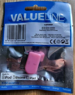 30 Pin male to Micro USB B Female Adapter for iPhone 4 4s iPad iPod  PINK - Image 1 of 4