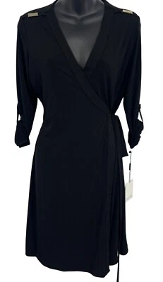 Nuevo vestido envolvente negro Calvin Klein talla 4 detalles dorados mangas 3/4 cuello en V para mujer Foto 1 de 4