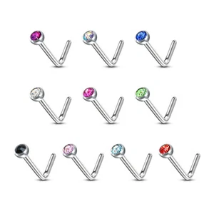 10pcs SAME-COLOR Press-Fit Gem L-Bend Nose Ring Studs Surgical Steel - Picture 1 of 1