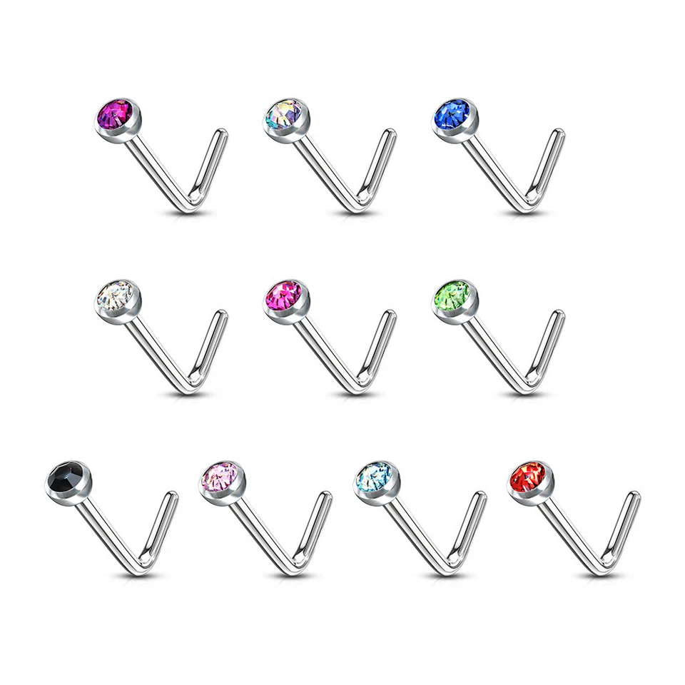 10pcs SAME-COLOR Press-Fit Gem L-Bend Nose Ring Studs Surgical Steel - Image 1 of 1