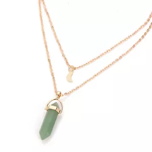 On Double Gold Tone Chain Moon Crescent With Aventurine Bullet Pendulum Necklace - Picture 1 of 2