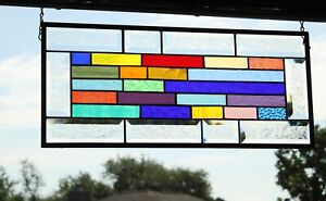 Geometric vibrant colors Stained Glass Panel, Window Hanging21 ½”x 9 3/8”