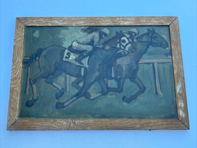 Pintura Antigua Impresionismo Caballo Pista de Carreras Jockey Retrato Mediados de Siglo Wpa Foto 1 de 4
