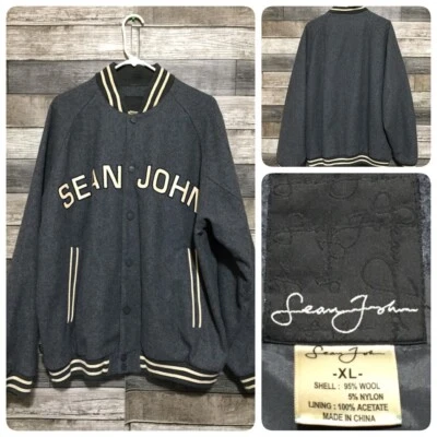 Chaqueta de bombardero universitaria de lana Sean John para hombre XL gris botón a presión imitación cuero Foto 1 de 4