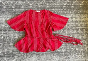 Loft Womens M Wrap Shirt Striped Blouse Red Bell Sleeves EUC L1 - Picture 1 of 7