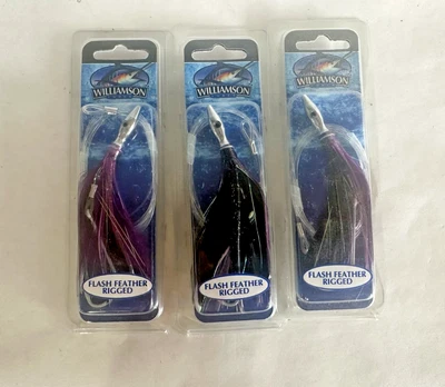 Lot (3) 5" Williamson Flash Feather Rigged trolling Lure Pre rigged FFR5BLKPRPL - Image 1 of 3