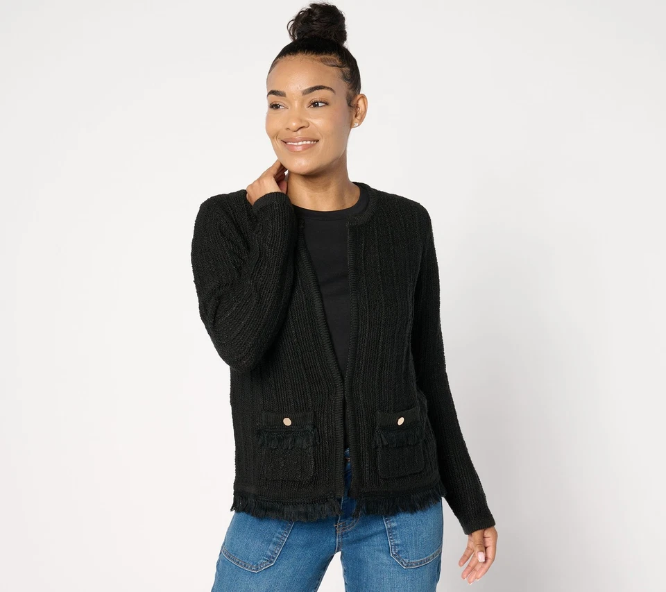 Joan Rivers 经典系列女式上衣毛衣 L 码毛圈黑色 A655345 — 第 1/4 张图片